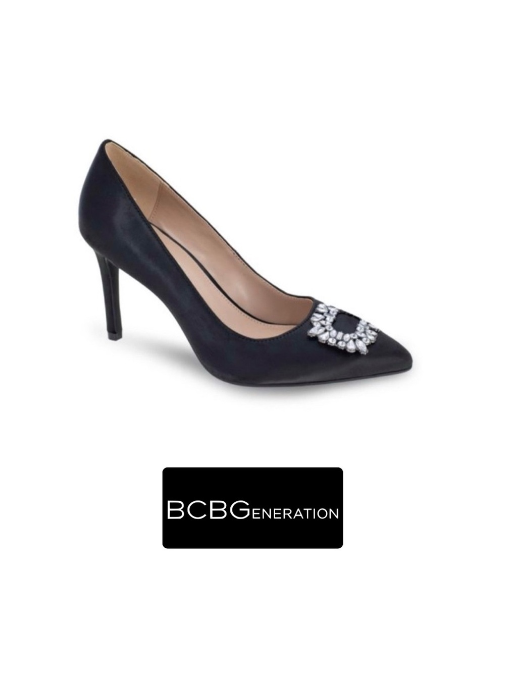 BCBGeneration Crystal Buckle Black Satin Pumps, Heels, Size 8